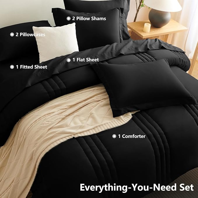 Super King Plus Comforter Set Black - Oversized 128x120 Bed Set | Maximum King-Bed Coverage, 240GSM Down-Alternative Fill, 14" Deep-Pocket Sheets, Shams & Pillowcases, Lightweight