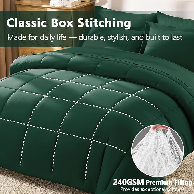 Full Size Comforter Sets, 7-Piece Bed in a Bag, Emerald Green | OEKO-TEX Certified, Box-Stitched Design, 240 GSM Down Alternative Fill, All-Season Comfort, Sheets, Pillowcases & Shams