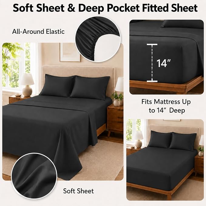 King Comforter Set Black - Bed in a Bag King Size 7 Pieces, Soft Bedding Set for All Seasons, Premium King Comforter Set with Comforter, Sheets, Pillowcases & Shams