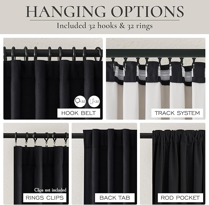 QJmydeco Black Out Kitchen Curtains 63 Inch Length 2 Panels Set, Modern Pleated Linen Blend Blackout Windows Curtain Back Tab Rod Pocket for Cafe/Cabin Thermal Insulated Heavy Drapes 50"W x 63"L Long