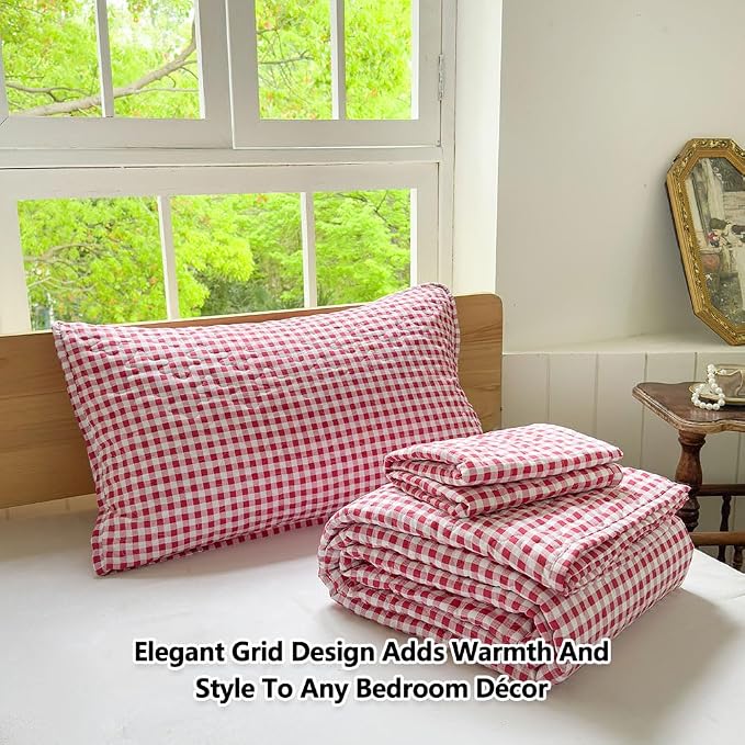 NSNLGSGC Red Gingham King Summer Bedspread Quilt Set | Pre-washed Microfiber,Lightweight Checked Grid Bedding Coverlets for All Seasons