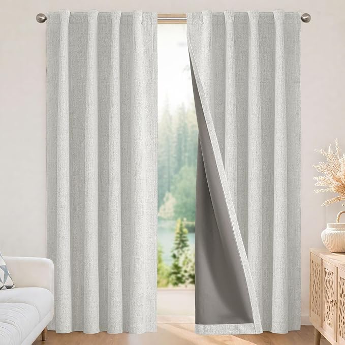 Joydeco Blackout Curtains for Bedroom - 90 Inch Long 100% Light Blocking 2 Panels Set White Drapes, Thermal Insulated Room Darkening Curtains, Linen Textured for Living Room, Rod Pocket & Back Tabs