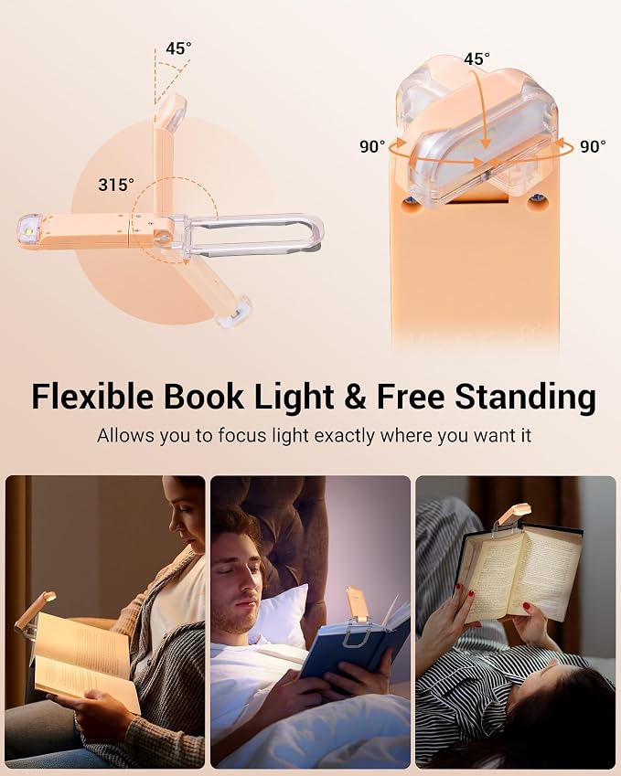 DEWENWILS USB Rechargeable Book Reading Light, Clip on Booklight Peach Fuzz | Flexible Lighting Angle, 2-Level Brightness, Warm White, Booklight for Kids, Book Lovers, Adults
