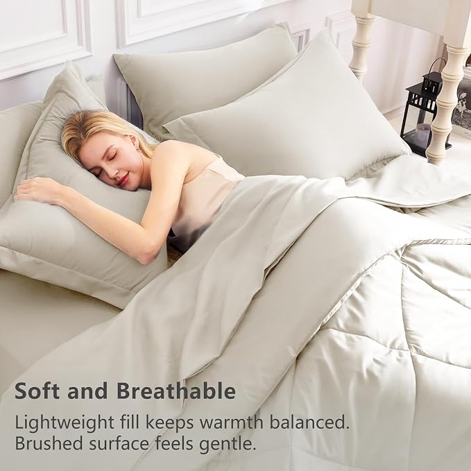 Full Size Comforter Sets Oatmeal - 7 Pieces Complete Bedding Set | OEKO-TEX Certified, All Season, 240GSM Down-Alternative Comforter, Sheets, Pillowcases & Shams, 14" Deep Pocket, Easy Care
