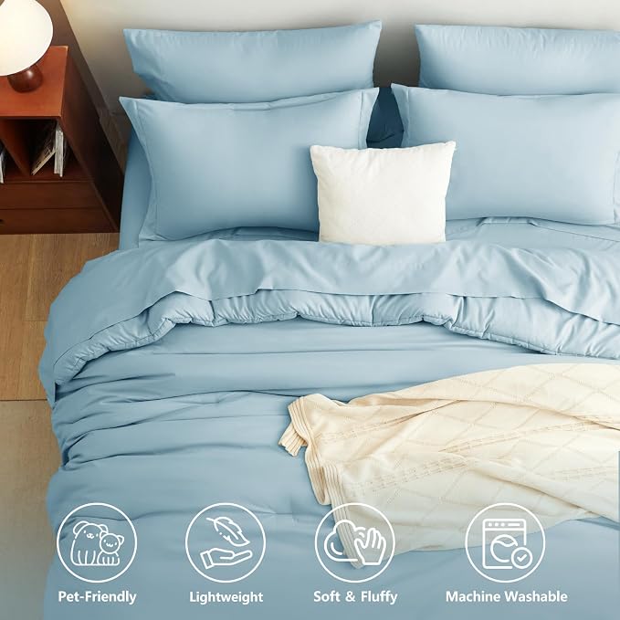 Full Size Comforter Set Light Blue, 7 Pieces Bed in a Bag | OEKO-TEX Certified, All-Season, Bedroom, 240GSM Down Alternative Comforter, Flat & Fitted Sheets, 2 Pillowcases & 2 Shams