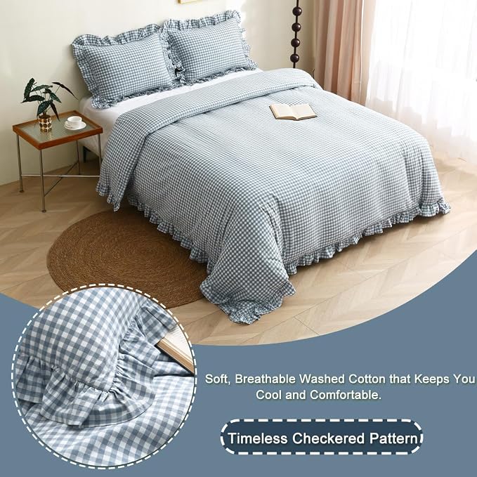 Silnuo Light Blue/White Gingham Plaid Ruffle Duvet Cover Set Twin Size | 100% Washed Cotton 3 Pcs Vintage Checkered Chic Farmhouse Bedding Set Comforter Cover Set(Twin,Light Blue/White)