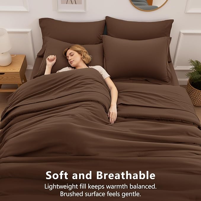 HIMEET Full Comforter Set, 7-Piece Point-Quilted Bed in a Bag, Brown | OEKO-TEX Certified, Lightweight 240 GSM Comforter, Flat Sheet, 14-Inch Deep-Pocket Fitted Sheet, Pillowcases & Shams