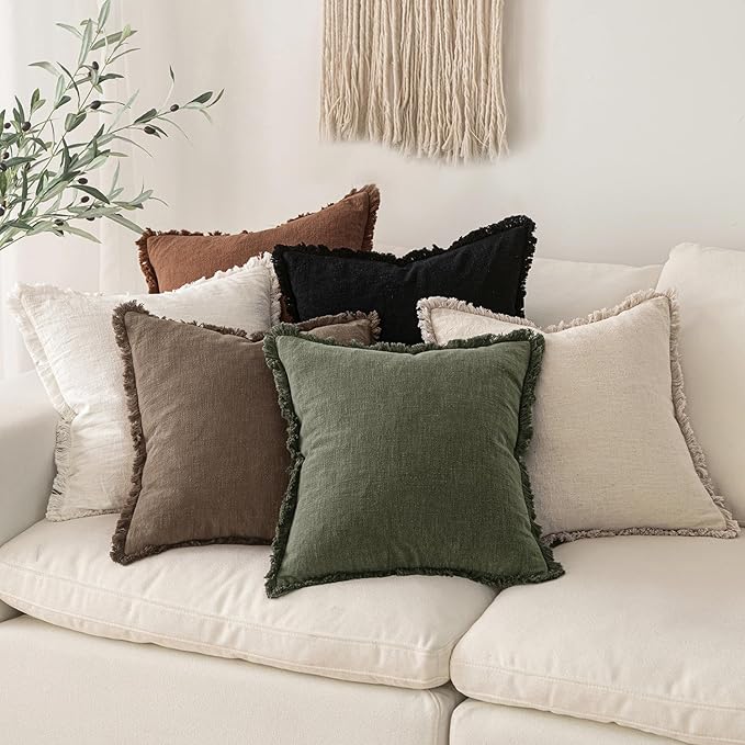 MIULEE Linen Fringe Decorative Fall Throw Pillow Covers Late Autumn 20x20 | Set of 2, Cottagecore Decor, Boho Farmhouse Neutral Pillow Covers, Rustic Fall Couch Cushion Cases for Sofa Bed Living Room