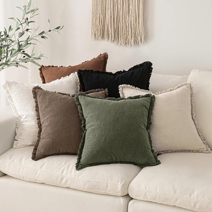 MIULEE Linen Fringe Decorative Fall Throw Pillow Covers Cocoa Brown 20x20 | Set of 2, Cottagecore Decor, Boho Farmhouse Neutral Pillow Covers, Rustic Fall Couch Cushion Cases for Sofa Bed Living Room