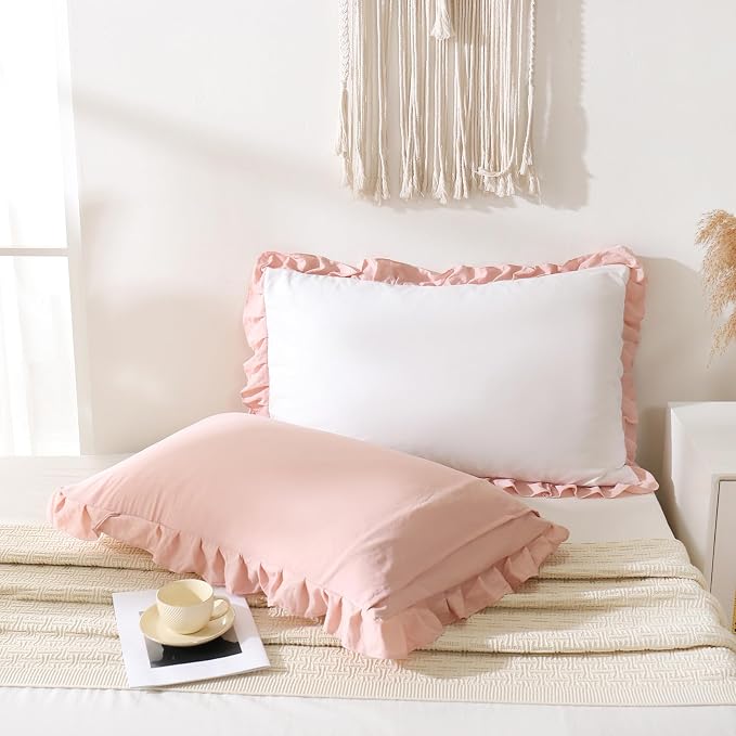 Merryword Pink Pillow Shams White and Pink Reversible King Pillowcases Cute Pillow Cover Set of 2 Soft Shabby Chic Ruffled Pillowcases 2 Pack (King (20''x36''), White Pink)