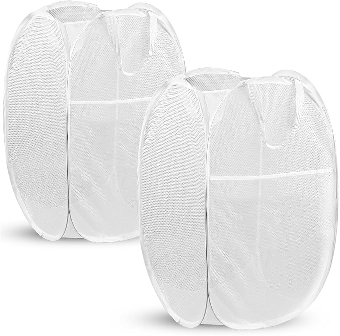 2 Pack Pop Up Laundry Hampers, 70 L Collapsible Foldable Mesh Basket, White | Reinforced handles, breathable fabric, foldable, portable for dorm college travel camping cruise, dirty clothes, toys storage