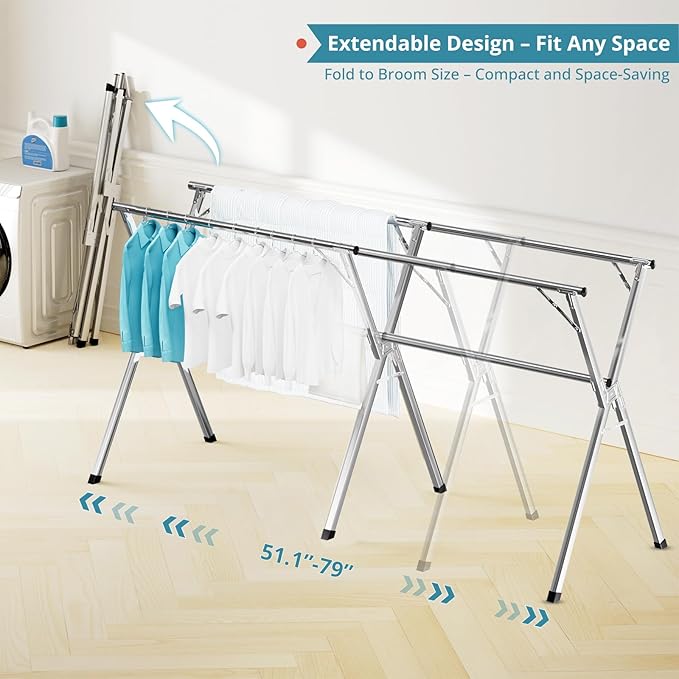 JAUREE 79" Clothes Drying Rack, Drying Rack Clothing Folding Indoor Outdoor | Heavy Duty Stainless Steel Laundry Rack, Foldable Portable Large Clothes Rack Garment Rack with 20 Windproof Hooks