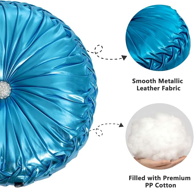 HIG Set of 2 Blue Metallic Leather Decorative Round Pleated Throw Pillows | Vintage Floor Pillows, Classy Accent Pumpkin with Center Button, for Sofa Couch Vanity Chair Bed, 14.5" Diameter
