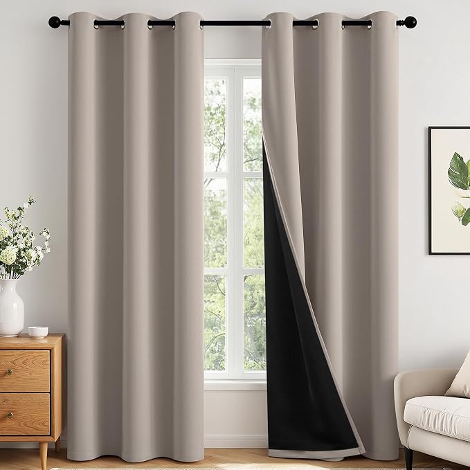 MIULEE Natural 100% Blackout Curtains for Bedroom 96 Inch Long 2 Panels | 2 Thick Layers Thermal Insulated Window Curtains with Black Liner, Noise Reducing Grommet, Drapes for Living Room
