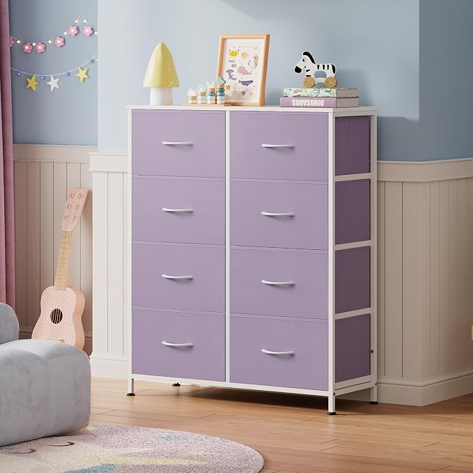 WLIVE 8 Drawer Fabric Dresser for Bedroom, Tall Storage Tower, Purple | Purple 8-drawer tall storage tower with fabric bins and wood tabletop, breathable non-woven, perfect for bedroom closet dorm