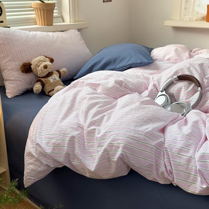 mixinni Pink White Striped Duvet Cover Twin XL Size, 3-Piece Washed Microfiber Vintage Striped Bedding Set, Soft Aesthetic Stripe Pattern Duvet Cover with Zipper Closure & Corner Ties for Women Girls