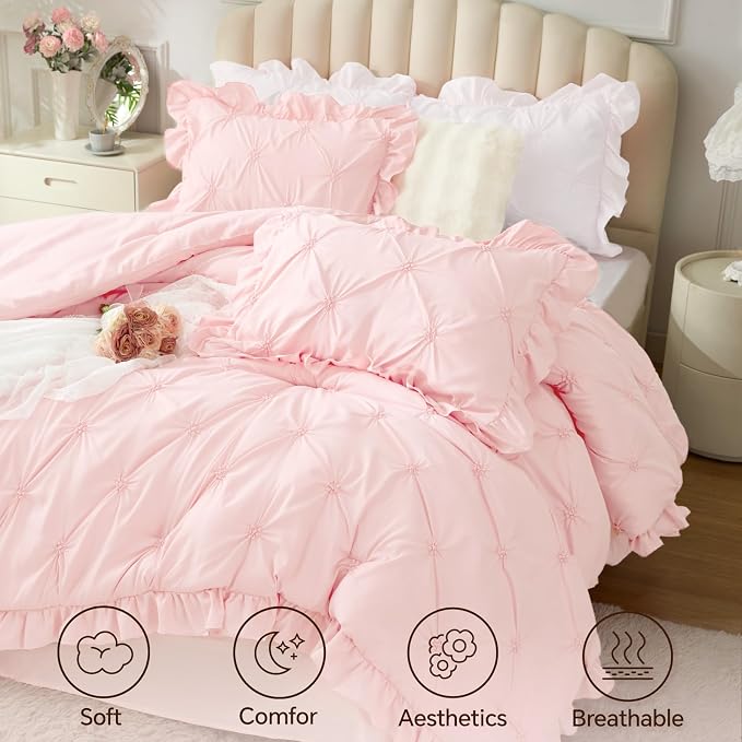BEDELITE King Comforter Set Ruffle-Baby Pink,Lightweight & Soft Comforter | Pintuck Boho Bedding, Warm & Cute Bed Set for All Season,With 2 Pillowcases