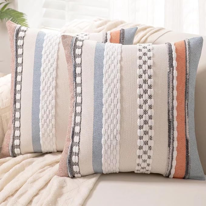 Boho Throw Pillow Covers Decorative Neutral Farmhouse Pillow case | 18x18 Set of 2 Cushion Case Striped Square Pillows Cover Couch Pillow Cases Accent Pillowcase for Sofa Bed,Orange Blue