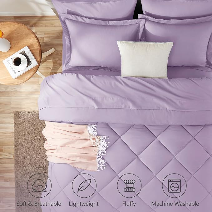 King Size Comforter Set Lavender - 7 Pieces Complete Bedding Set | OEKO-TEX Certified, All Season, 240GSM Down-Alternative Comforter, Sheets, Pillowcases & Shams, 14" Deep Pocket, Easy Care