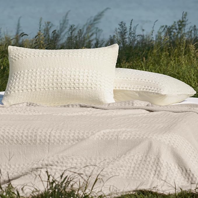 PHF 100% Cotton Waffle Pillow Shams King Size, 2 Pack 20" x 36" Soft Skin-Friendly Pillowcases, No Filling, Aesthetic Woven and Breathable Waffle Weave Pillow Case Covers for Bed, Ivory