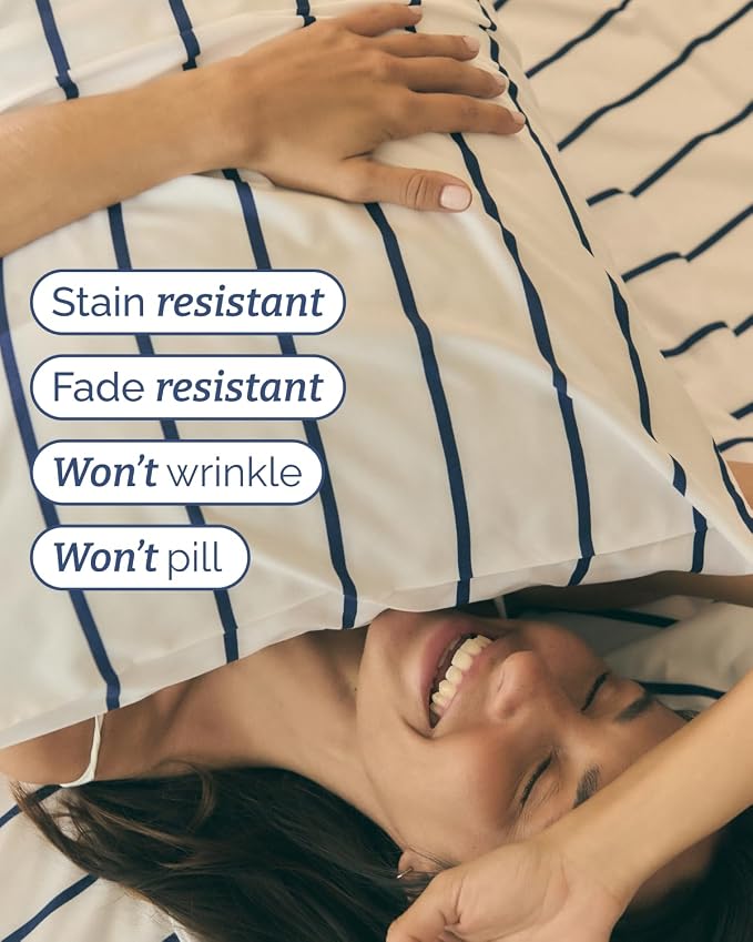 Cal King 4 Piece Striped Sheet Set - Breathable & Cooling - Navy Stripe | 1 Flat, 1 Fitted & 2 Pillowcases w/ Deep Pockets, Luxury Striped Bedding, Soft, Breathable & Cooling, Wrinkle & Fade Free