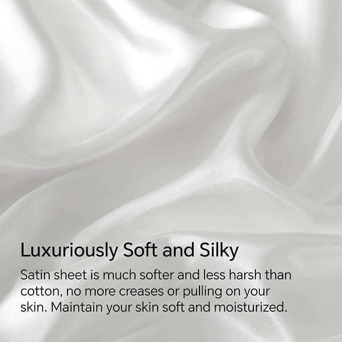 BEDELITE Satin Sheets King Size Bed Set, White, 4 Pieces | Luxury Silky Bed Sheets, 15 Inch Deep Pocket, Similar to Silk, Soft and Cooling, Reduces Friction, Gentle on Hair and Skin