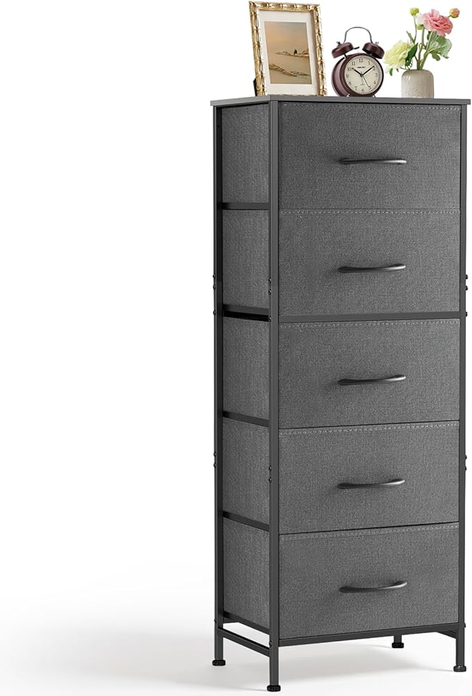 5 Drawers Dresser for Bedroom Fabric Storage Tower with Wooden Top | Steel Frame Tall Chest of Drawers for Closet, Entryway, Dorm, Gray