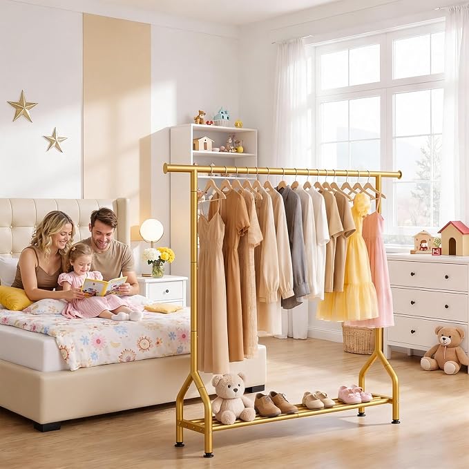 Sturdy Clothing Racks with Shelf, Metal Clothes Rack with Leveling Feet for Hanging Clothes, Freestanding Garment Coat Rack for Bedroom, Apartment & Small Spaces, Gold