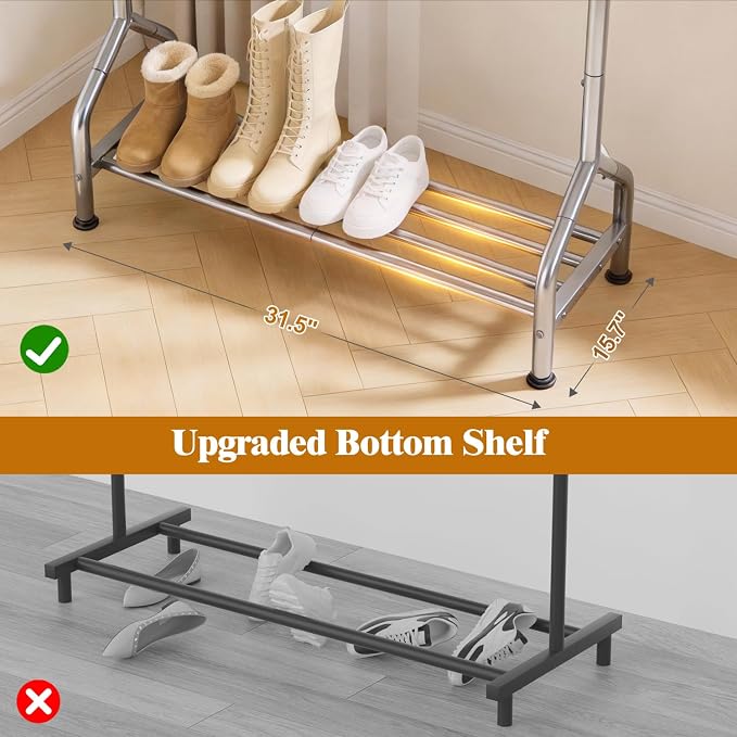 Sturdy Clothing Racks with Shelf, Metal Clothes Rack with Leveling Feet for Hanging Clothes, Freestanding Garment Coat Rack for Bedroom, Apartment & Small Spaces, Silver