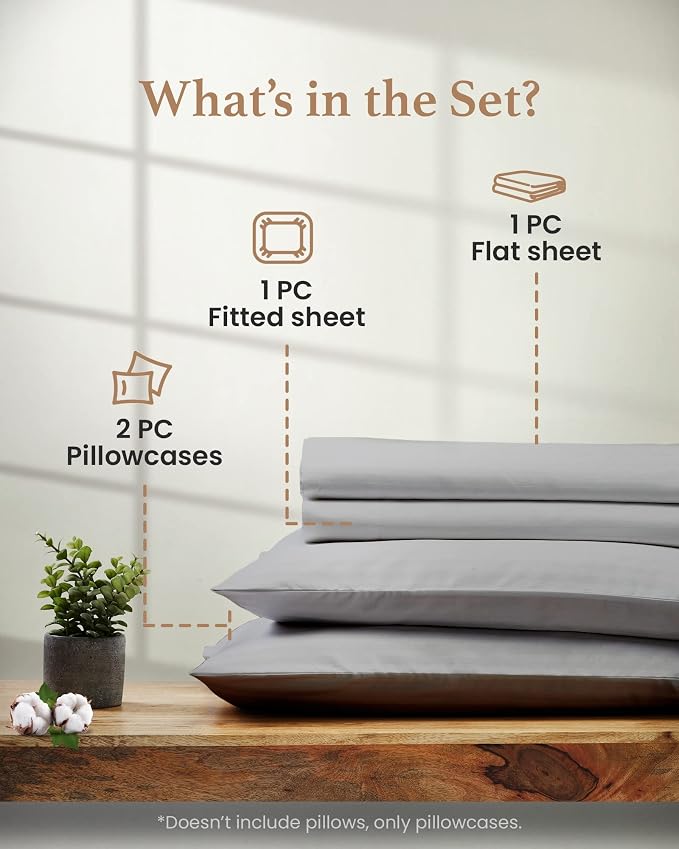 Good Sleep Bedding 100% Egyptian Cotton Twin Sheets Set, 4 Piece, Silky Sateen Weave Bed Sheets Twin, Ultra-Soft & Durable Hotel Luxury, 16 Inch Deep Pocket Twin Sheets - Light Gray