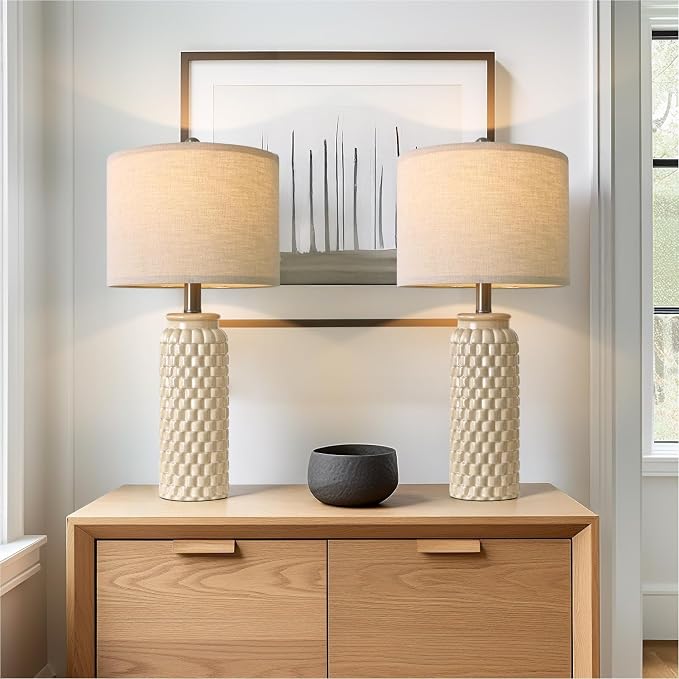 USumkky 24" Modern Ceramic Bedside Lamp Set of 2 for Bedroom Decor Farmhouse Table Lamp for Living Room Office Dorm Cream