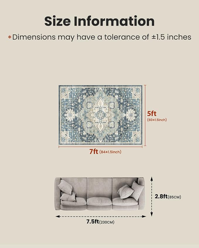 AMADA HOMEFURNISHING 5x7 Area Rugs, Washable Living Room Rug Low-Profile with Non-Slip Backing & Durable Edge Binding, Vintage 5x7 Rugs for Living Room, Bedroom, Dining Room