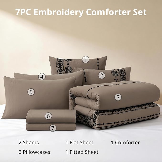 MaiRêve Queen Comforter Set Embroidery Floral 7 Pieces Bed in a Bag | Taupe Grey Boho Farmhouse Bedding Sets with Comforter, Sheets, Pillowcases & Shams