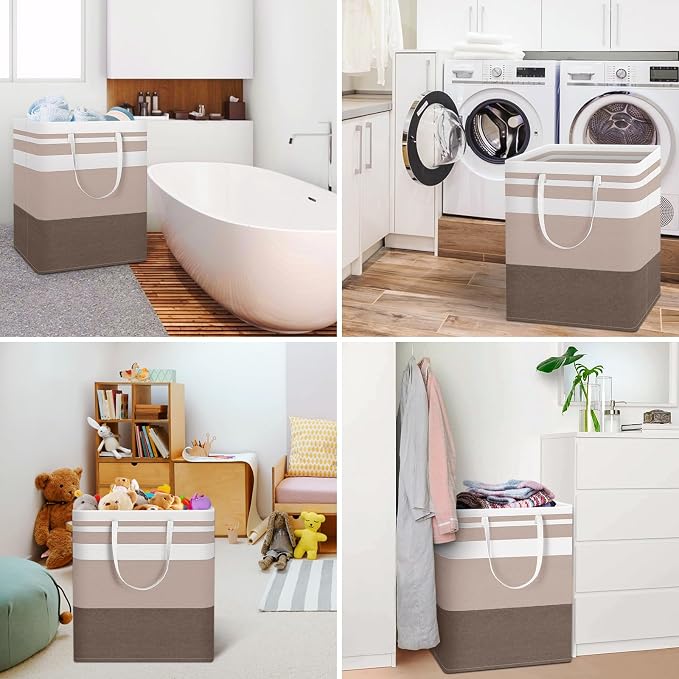 HomeHacks 2 Pack Large Laundry Baskets, Laundry Hampers Bags (Khaki 100Lx2) | Waterproof, Freestanding, Collapsible Clothes Hamper with Reinforced Handles in Laundry Room, Dorm, Bathroom, Bedroom