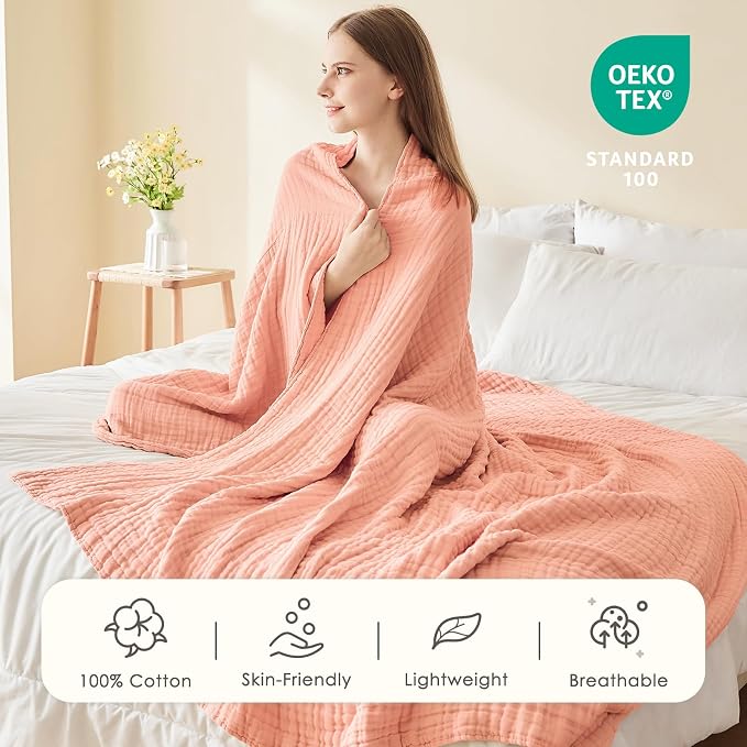 EMME Muslin Blankets for Adults Throw Blanket for Couch Breathable Gauze Soft Lightweight Airy Pink Throw 50" x 60"
