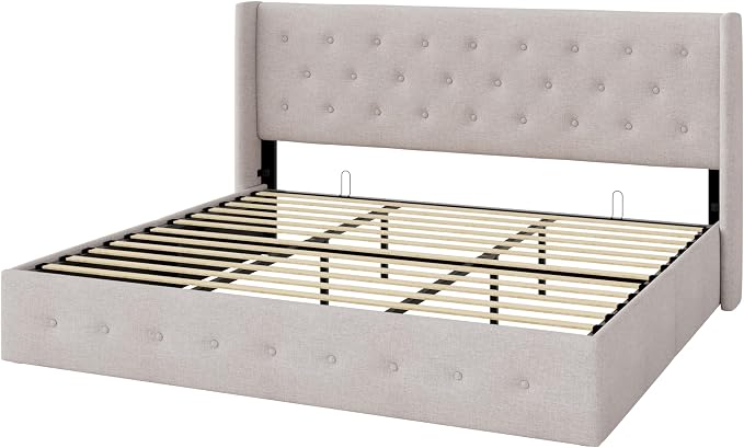 Allewie King Size Lift Up Storage Button-Tufted Bed Frame Light Beige | Modern Wingback Headboard, Hydraulic Support Storage, No Box Spring Needed