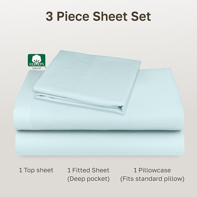 Soft Natural 100% Cotton Sateen Twin Bed Sheet Set, 3 Pc Set, Seafoam | Backed by Good Housekeeping Seal, Light & Breathable For Hot Sleepers, All-Around Elastic, Durable, Easy Care