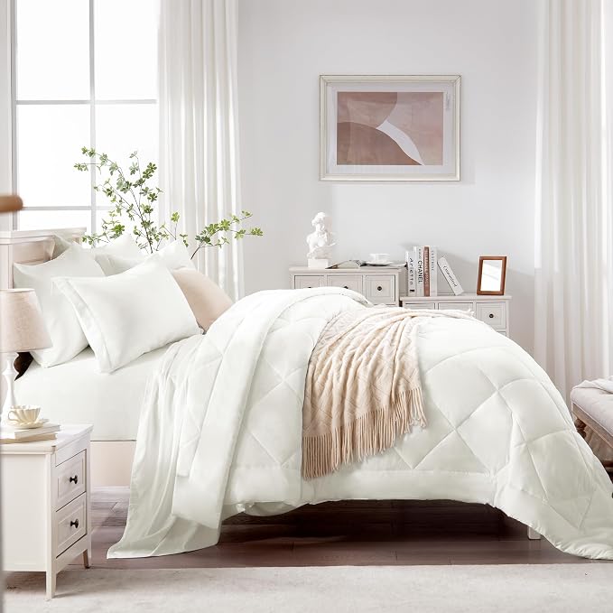 Love's cabin Oversized Queen Comforter Set, 7 Pieces Bed in a Bag, All Season Bedding Sets with 1 Comforter, 1 Flat Sheet, 1 Fitted Sheet, 2 Pillowcase and 2 Pillow Sham, Ivory