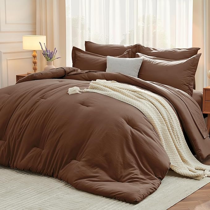 7 Pieces California King Comforter Set, Soft Bed in a Bag Cal King Size, All Season Bedding Set with Comforter, Flat Sheet, Fitted Sheet, Pillowcases & Shams, Brown