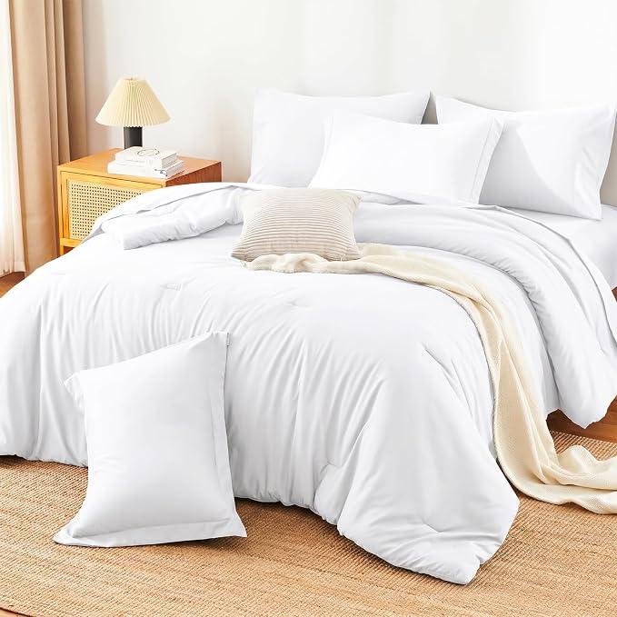 HIMEET King Comforter Set, 7-Piece Point-Quilted Bed in a Bag, White | OEKO-TEX Certified, Lightweight 240 GSM Comforter, Flat Sheet, 14-Inch Deep-Pocket Fitted Sheet, Pillowcases & Shams