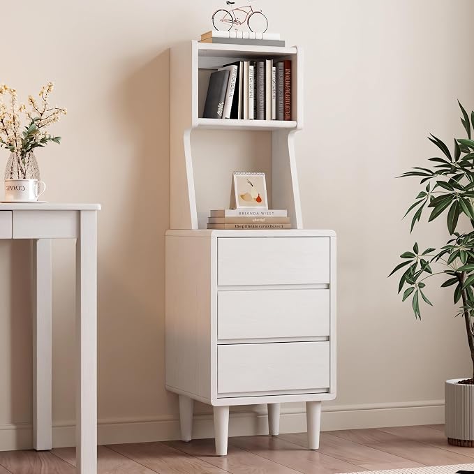 Solid Wood Bookshelf Nightstand Combo, Tall Nightstand with Bookshelf | White Nightstand Bookshelf,Narrow Nightstand with Drawers,Open Shelf Bookcase,for Bedroom,Living Room,Offices