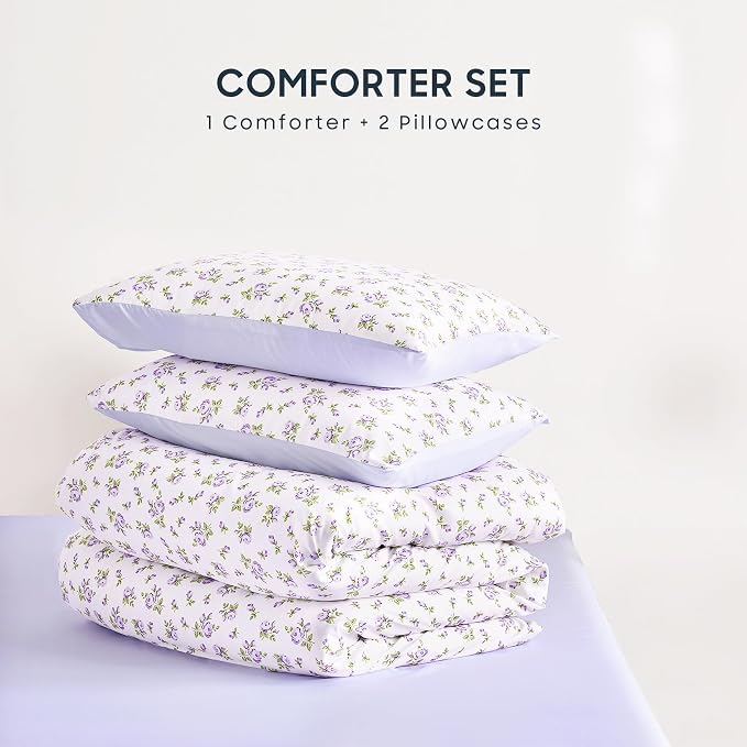 Wake In Cloud - Floral Comforter Set, Coquette Cottagecore Aesthetic Flower Shabby Chic Pattern for Women Teen Girls, Soft Lightweight Bedding, 3 Pieces, White Purple, Twin/Twin XL Size