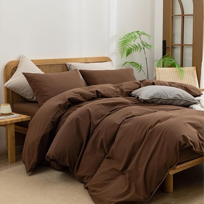 BESTOUCH Cotton Solid Duvet Cover Set Linen Feel Cocoa Brown Full | 100% Washed Cotton, Soft Wrinkle Texture, Hidden Zipper, 8 Ties, Breathable Lightweight Durable Comfy, 3 Pcs No Insert