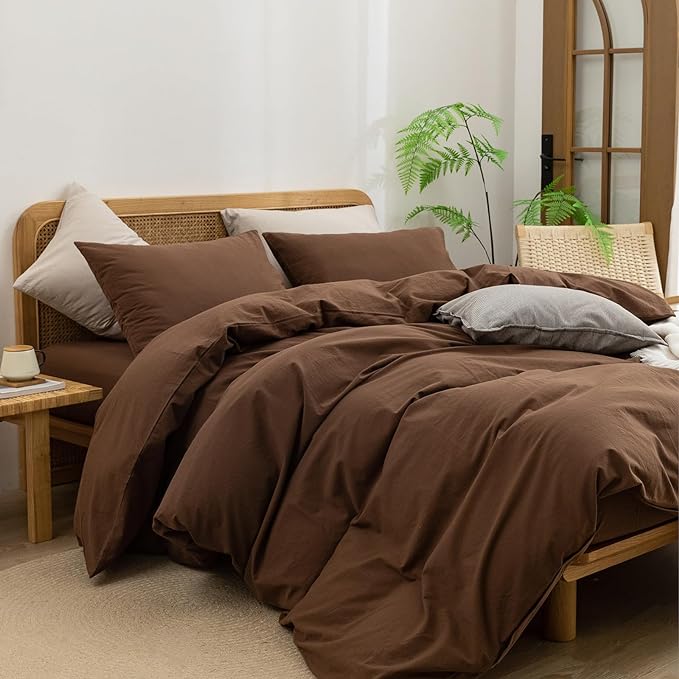 BESTOUCH Cotton Solid Duvet Cover Set Linen Feel Cocoa Brown Oversized King | 100% Washed Cotton, Soft Wrinkle Texture, Hidden Zipper, 8 Ties, Breathable Lightweight Durable Comfy, 3 Pcs No Insert
