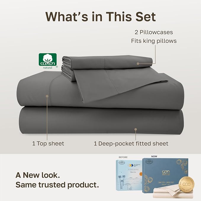 California Design Den 100% Cotton Sateen King Sheets Deep Pocket Set | Soft 500 Thread Count Backed by Good Housekeeping Seal, 16" Deep Pocket, All-Around Elastic, Durable, Easy Care - Dark Grey