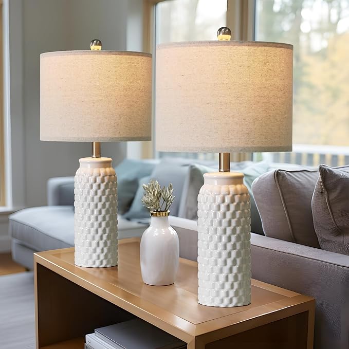 USumkky 24" Modern Ceramic White Bedside Lamp Set of 2 Table Lamp for Bedroom Decor Farmhouse Table Lamp for Living Room Office Dorm