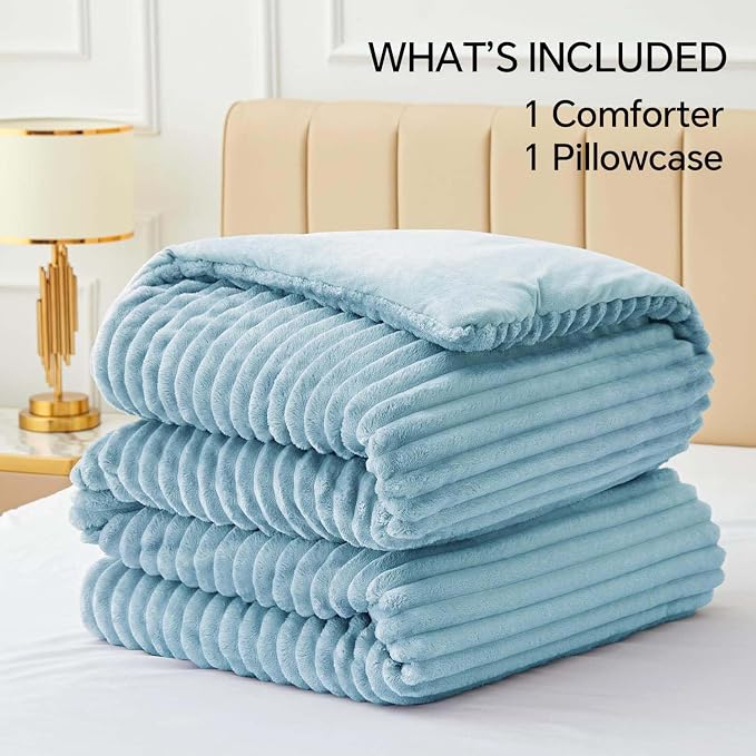 BEDELITE Fleece Twin/Twin XL Comforter Set, Fluffy Bed Set, Light Blue | Super Soft & Warm Bedding, Luxury Fuzzy Faux Fur Comforter for Winter, Heavy Plush Bedding, with 1 Pillowcase