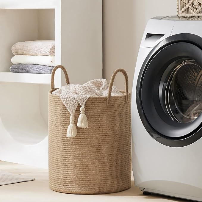 YOUDENOVA Jute Rope Laundry Hamper Basket, 58L Blanket Basket for Nursery | Large Woven Laundry Hamper with Sturdy Handles, Collapsible Home Decor Laundry Basket for Laundry, Clothes, Toys in Bedroom