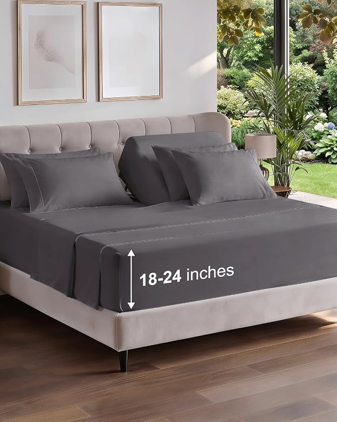 Extra Deep Flex Top Split Head King Sheet Set - 6 Piece Breathable and Cooling Sheets - Hotel Luxury Bedding for Women, Men, Kids & Teens - Easy Secure Fit - Extra Deep Pockets - Dark Grey