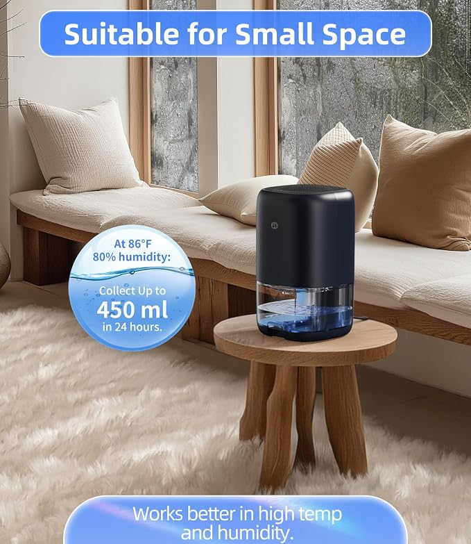 35 OZ Dehumidifier for Bedroom RV, Quiet with Auto Shut Off, Blue | 280 Sq.Ft Small Dehumidifiers for Home Bathroom Closet, 7 Color Light, 28dB Ultra Quiet, 35OZ Water Tank